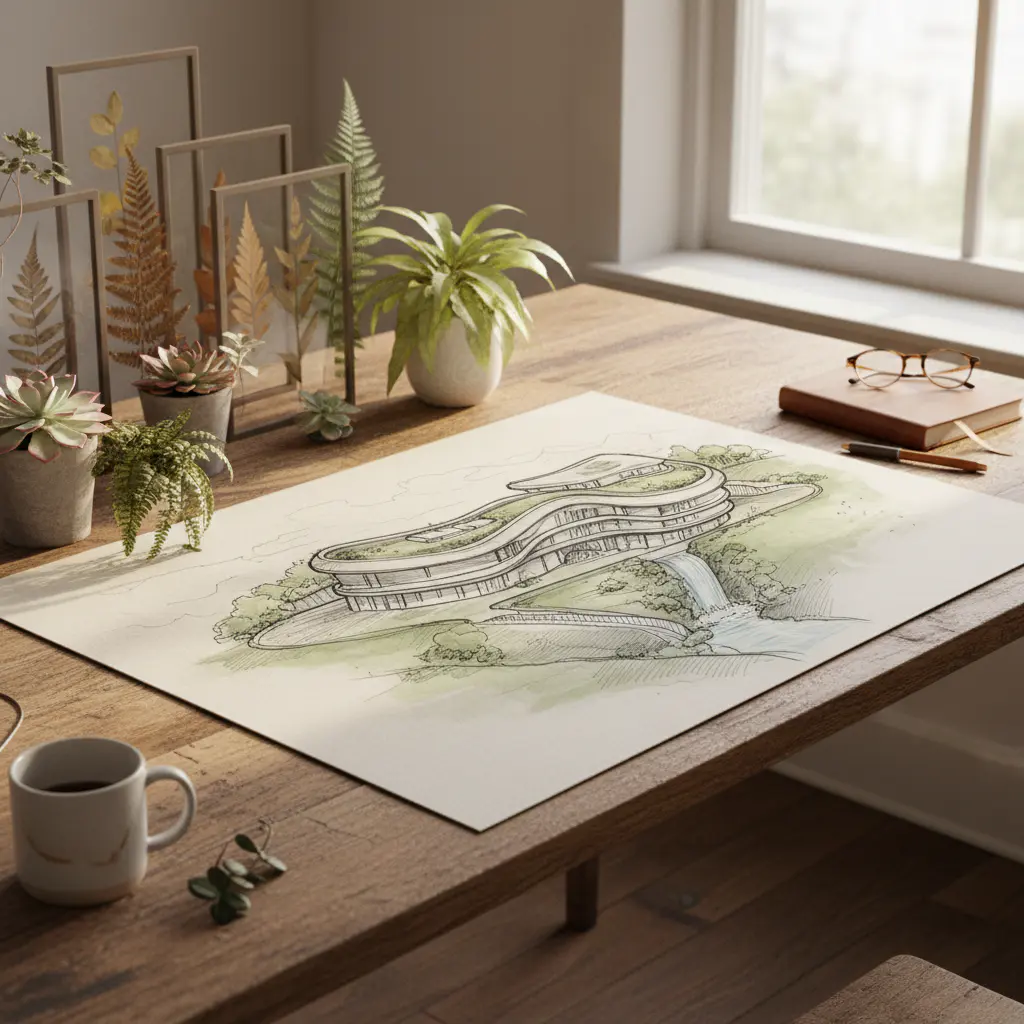 Architectural landscape sketch on a wooden desk