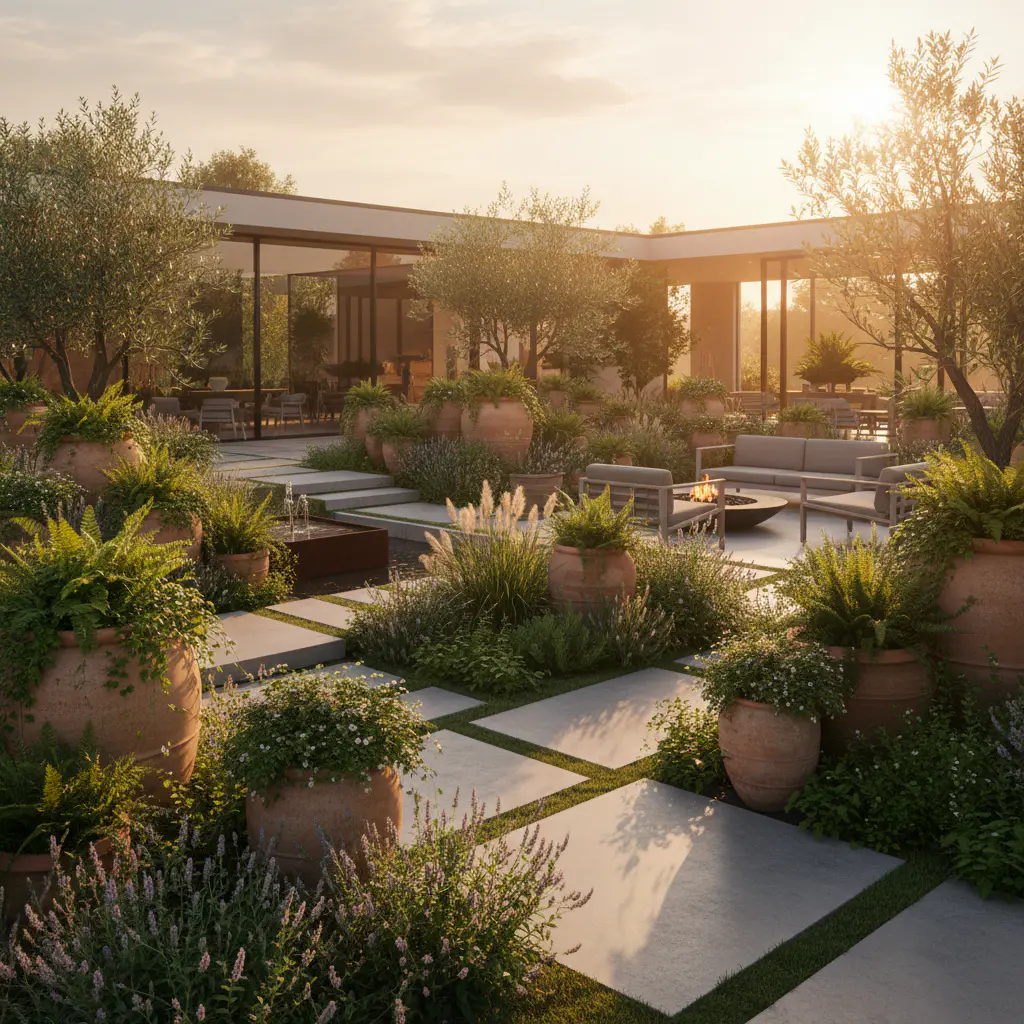 Sunlit modern garden with terracotta accents